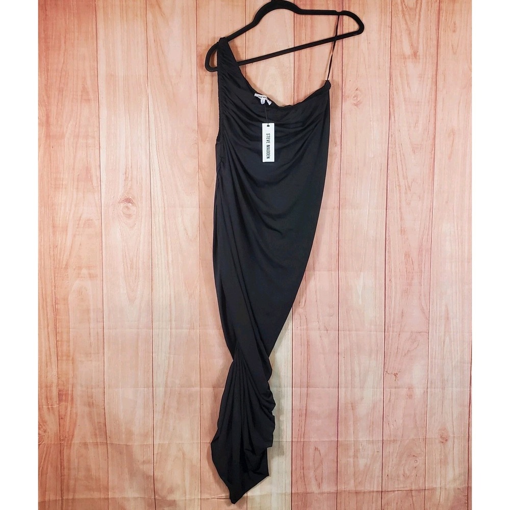 Steve‎ Madden Ayana Womens Bodycon Dress Large Black Stretch One-Shoulder Ruched